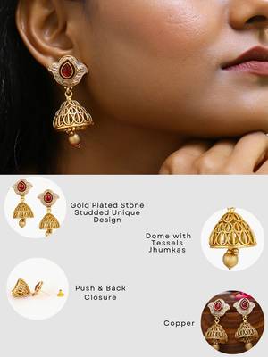 Gold plated traditional stone studded tessel jhumkas 5