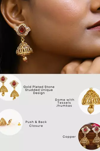 Gold plated traditional stone studded tessel jhumkas