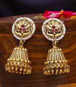 Gold plated traditional stone pearl floral design jhumkas