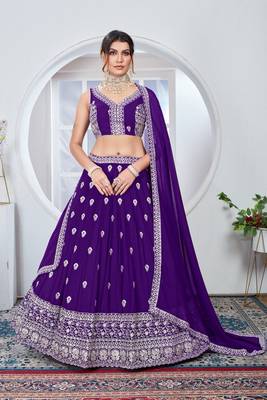 Women's Purple Faux Georgette Sequence & Thread work Wedding Lehenga Choli For Wedding Function 2