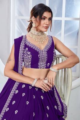 Women's Purple Faux Georgette Sequence & Thread work Wedding Lehenga Choli For Wedding Function 3