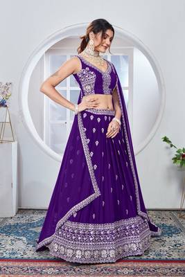 Women's Purple Faux Georgette Sequence & Thread work Wedding Lehenga Choli For Wedding Function 4