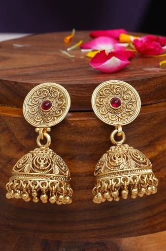 Gold plated traditional stone studded unique design jhumkas