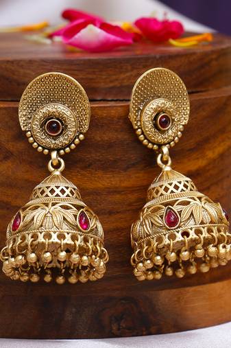 Gold plated traditional stone studded unique design jhumkas
