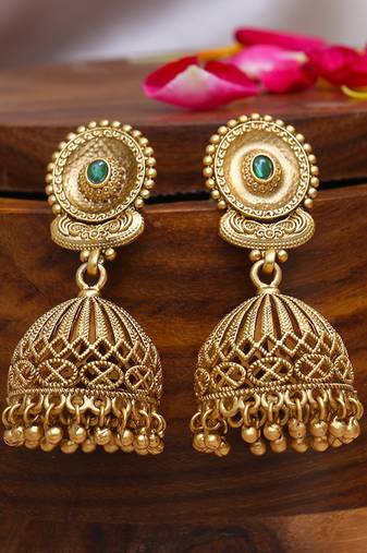 Gold plated traditional stone studded unique design jhumkas