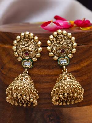 Gold plated traditional kundan studded floral design jhumkas 1