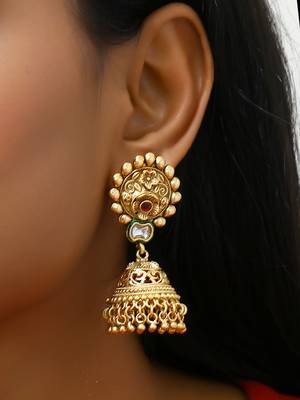 Gold plated traditional kundan studded floral design jhumkas 2