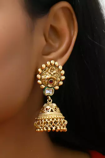 Gold plated traditional kundan studded floral design jhumkas