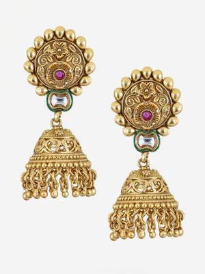 Gold plated traditional kundan studded floral design jhumkas 3