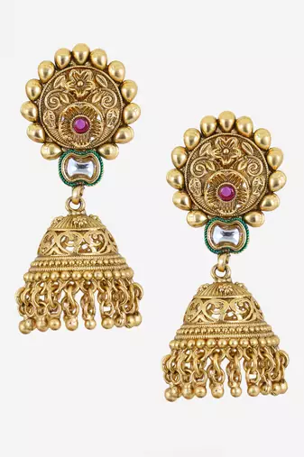Gold plated traditional kundan studded floral design jhumkas