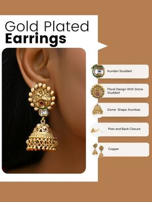 Gold plated traditional kundan studded floral design jhumkas 5