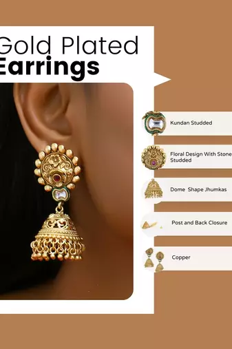 Gold plated traditional kundan studded floral design jhumkas