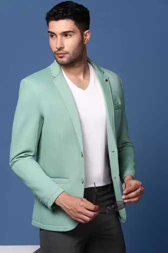 Showoff men's sea green slim fit single breasted blazer