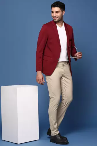 Showoff men's maroon slim fit single breasted blazer