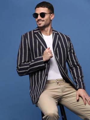 men's navy blue slim fit single-breasted blazer 1