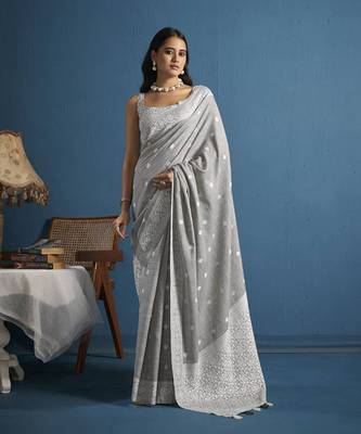 Elora soft linen silk with chikhankhari weaved border designer saree for women (dove grey) 1