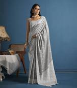 Elora soft linen silk with chikhankhari weaved border designer saree for women (dove grey)