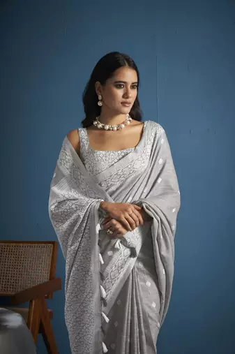 Elora soft linen silk with chikhankhari weaved border designer saree for women (dove grey)