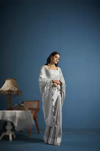 Elora soft linen silk with chikhankhari weaved border designer saree for women (dove grey)