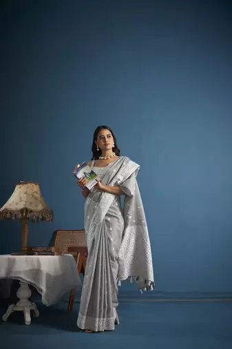 Elora soft linen silk with chikhankhari weaved border designer saree for women (dove grey)