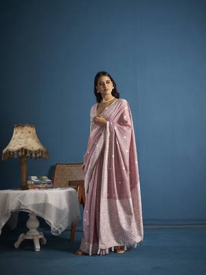Elora soft linen silk with chikhankhari weaved border designer saree for women (light pink) 1