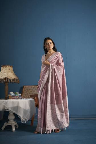 Elora soft linen silk with chikhankhari weaved border designer saree for women (light pink)