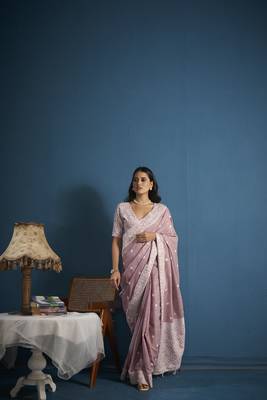 Elora soft linen silk with chikhankhari weaved border designer saree for women (light pink) 4