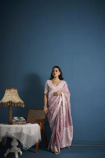 Elora soft linen silk with chikhankhari weaved border designer saree for women (light pink)