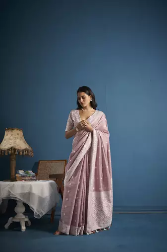 Elora soft linen silk with chikhankhari weaved border designer saree for women (light pink)