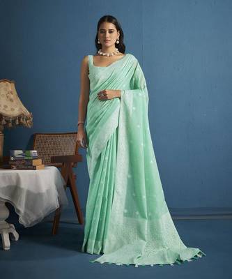 Elora soft linen silk with chikhankhari weaved border designer saree for women (light green) 1