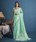 Elora soft linen silk with chikhankhari weaved border designer saree for women (light green)