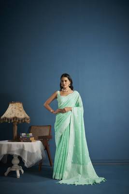 Elora soft linen silk with chikhankhari weaved border designer saree for women (light green) 3