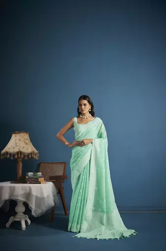 Elora soft linen silk with chikhankhari weaved border designer saree for women (light green)