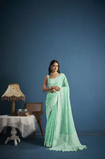 Elora soft linen silk with chikhankhari weaved border designer saree for women (light green)