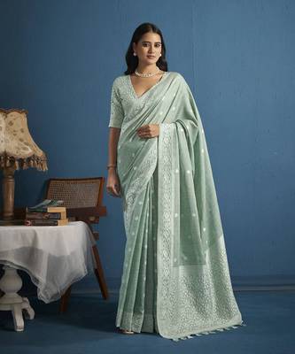 Elora soft linen silk with chikhankhari weaved border designer saree for women (sea green) 1
