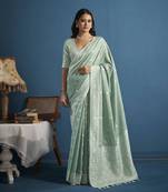 Elora soft linen silk with chikhankhari weaved border designer saree for women (sea green)
