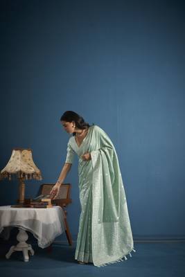 Elora soft linen silk with chikhankhari weaved border designer saree for women (sea green) 5