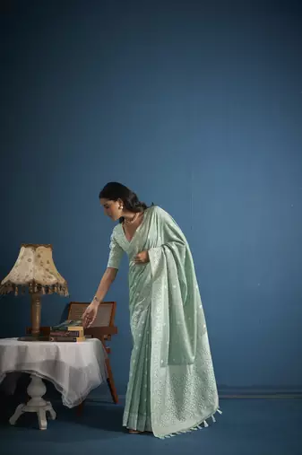 Elora soft linen silk with chikhankhari weaved border designer saree for women (sea green)