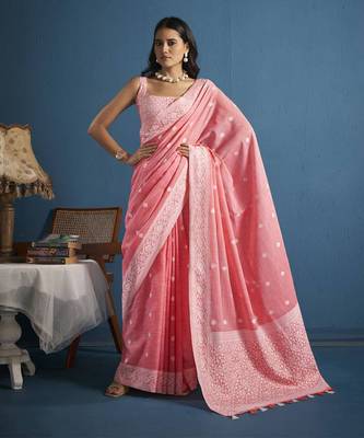 Elora soft linen silk with chikhankhari weaved border designer saree for women (pink) 1