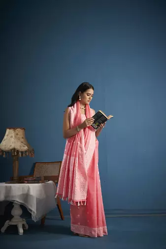 Elora soft linen silk with chikhankhari weaved border designer saree for women (pink)