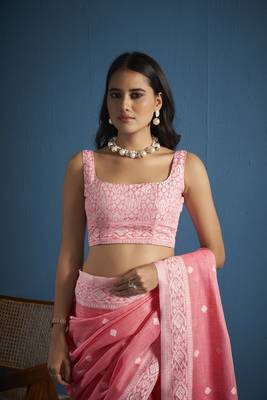 Elora soft linen silk with chikhankhari weaved border designer saree for women (pink) 6