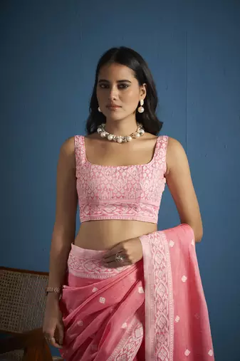 Elora soft linen silk with chikhankhari weaved border designer saree for women (pink)