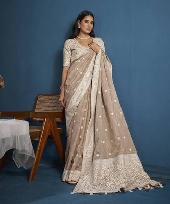 Elora soft linen silk with chikhankhari weaved border designer saree for women (light brown) 1