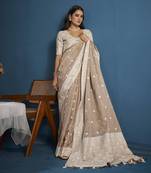 Elora soft linen silk with chikhankhari weaved border designer saree for women (light brown)
