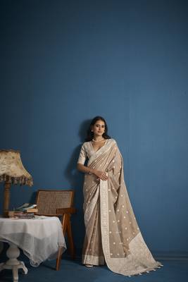 Elora soft linen silk with chikhankhari weaved border designer saree for women (light brown) 4