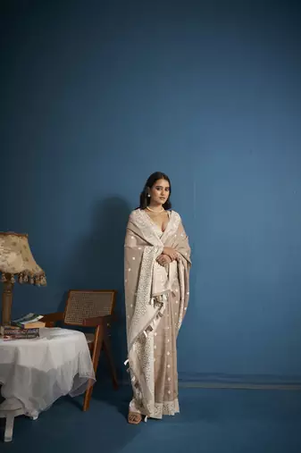 Elora soft linen silk with chikhankhari weaved border designer saree for women (light brown)