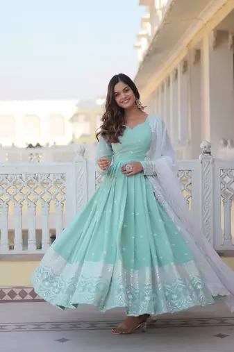 Green  Pista FAUX Georgette PARTY WEAR EMBROIDERY SUIT SET 
