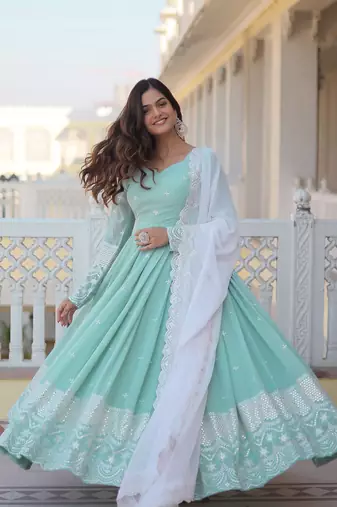 Green  Pista FAUX Georgette PARTY WEAR EMBROIDERY SUIT SET 