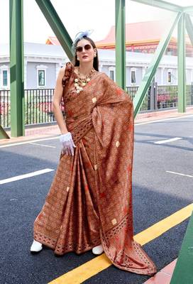 Brown ajrakh printed satin silk blend saree with blouse 2