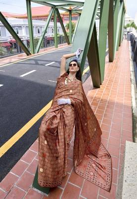 Brown ajrakh printed satin silk blend saree with blouse 4